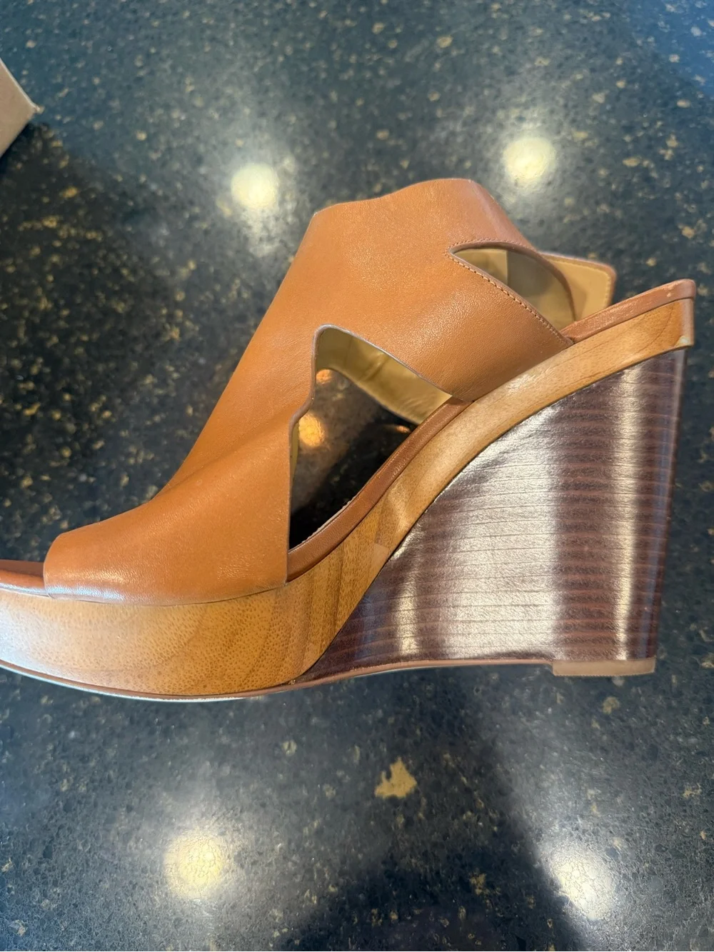 Michael Kors Tan Leather Cutout Wedge Sandals with Buckle